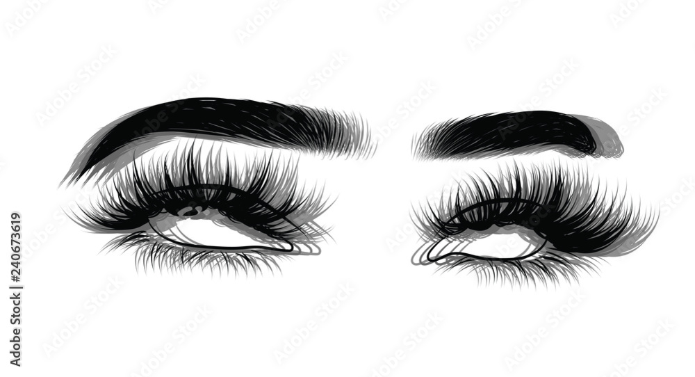 Abstract fashion illustration of the eye with glitch effect. Hand drawn vector idea for business visit cards, templates, web, salon banners,brochures. Natural eyebrows and glam eyelashes