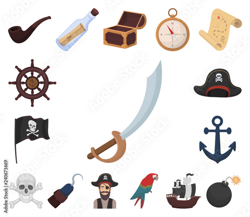 Pirate, sea robber cartoon icons in set collection for design. Treasures, attributes vector symbol stock web illustration.