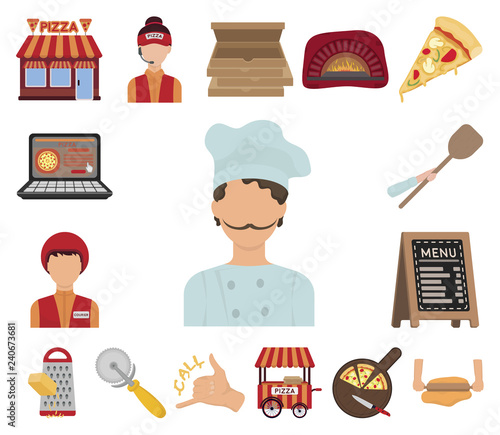 Pizza and pizzeria cartoon icons in set collection for design. Staff and equipment vector symbol stock web illustration.
