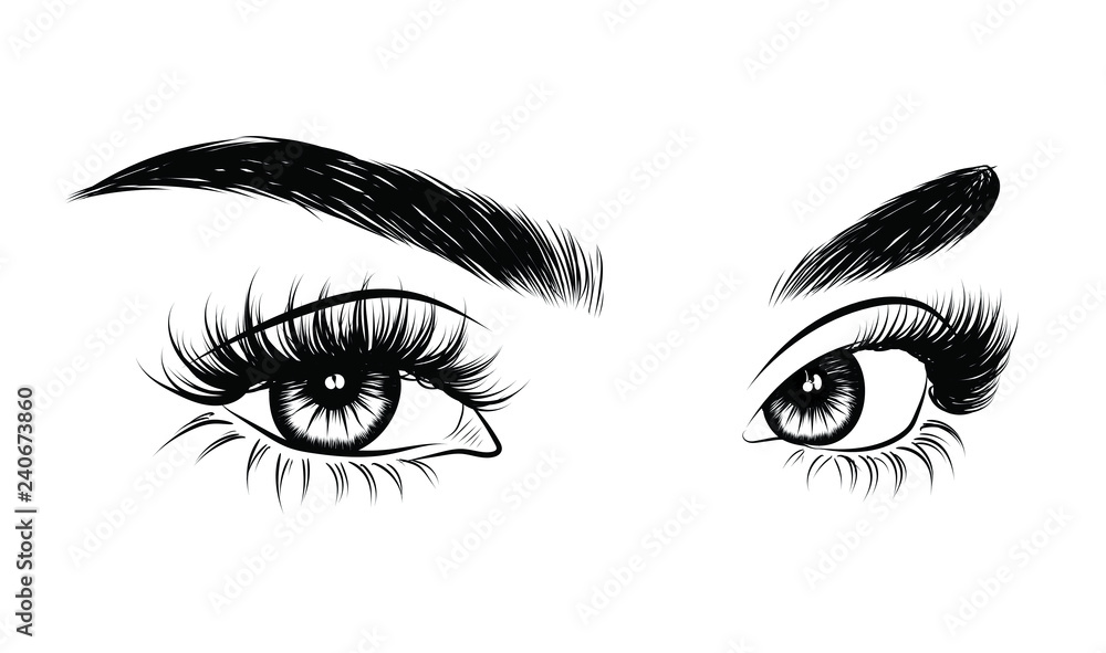 Abstract fashion illustration of the eye with creative makeup. Hand drawn vector idea for business visit cards, templates, web, salon banners,brochures. Natural eyebrows and glam eyelashes Abstract fashion illustration of the eye with creative makeup. Hand drawn vector idea for business visit cards, templates, web, salon banners,brochures. Natural eyebrows and glam eyelashes