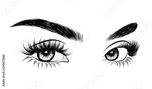 Abstract fashion illustration of the eye with creative makeup. Hand drawn vector idea for business visit cards, templates, web, salon banners,brochures. Natural eyebrows and glam eyelashes