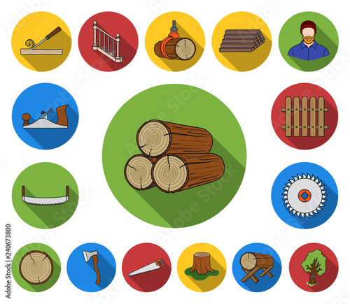 Sawmill and Timber flat icons in set collection for design. Hardware and Tools vector symbol stock web illustration. photo