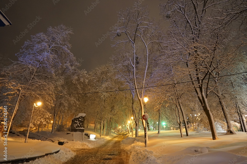 Beautiful snowy winter in Kiev, Ukraine, a lot of snow on the evening streets, 2018