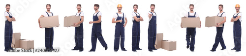 panoramic collage of skilled handyman isolated on white