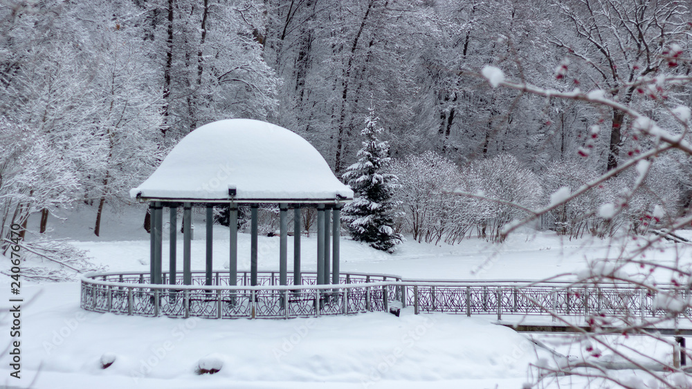 Snow-covered gazebo with a metal bridge in the middle of a lake in the park