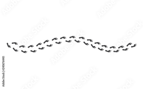 Vector illustration of black bare human footprints route - monochrome silhouette of walking person trailway with foot tracks isolated on white background. Trace of man steps.