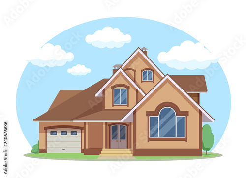 Cartoon house exterior with blue clouded sky Front Home Architecture Concept Flat Design Style. Vector illustration of Facade Building.