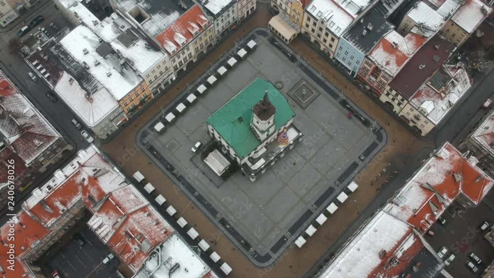 Aerial drone view on Townhall and Traditional street market in Gliwice, Poland Aerial drone view on Townhall and Traditional street market in Gliwice, Poland