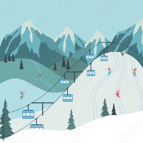 Vector mountain ski or snowboarding resort lift with blue cabins. Ropeway to mountain peak. Outdoor travelling and alpine leisure activity background.