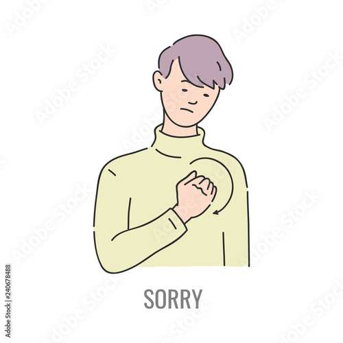 Vector man showing sorry deaf-mute sign language symbol. Smiling sketch male character and hand communication apology sign by his hand. Different social communication, basic word
