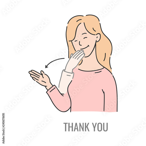 Vector woman showing thank you deaf-mute sign language symbol. Smiling sketch female character and hand communication sign. Different social communication, basic word