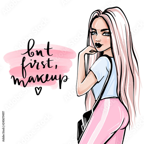 Stylish girl in fashion clothes. Hand drawn beautiful girl.
