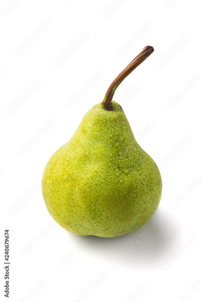 Juicy green packham pear on white with drops. Juicy green packham pear on white with drops.