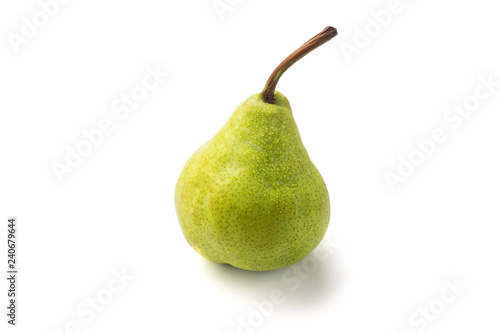 Juicy green packham pear on white with drops.