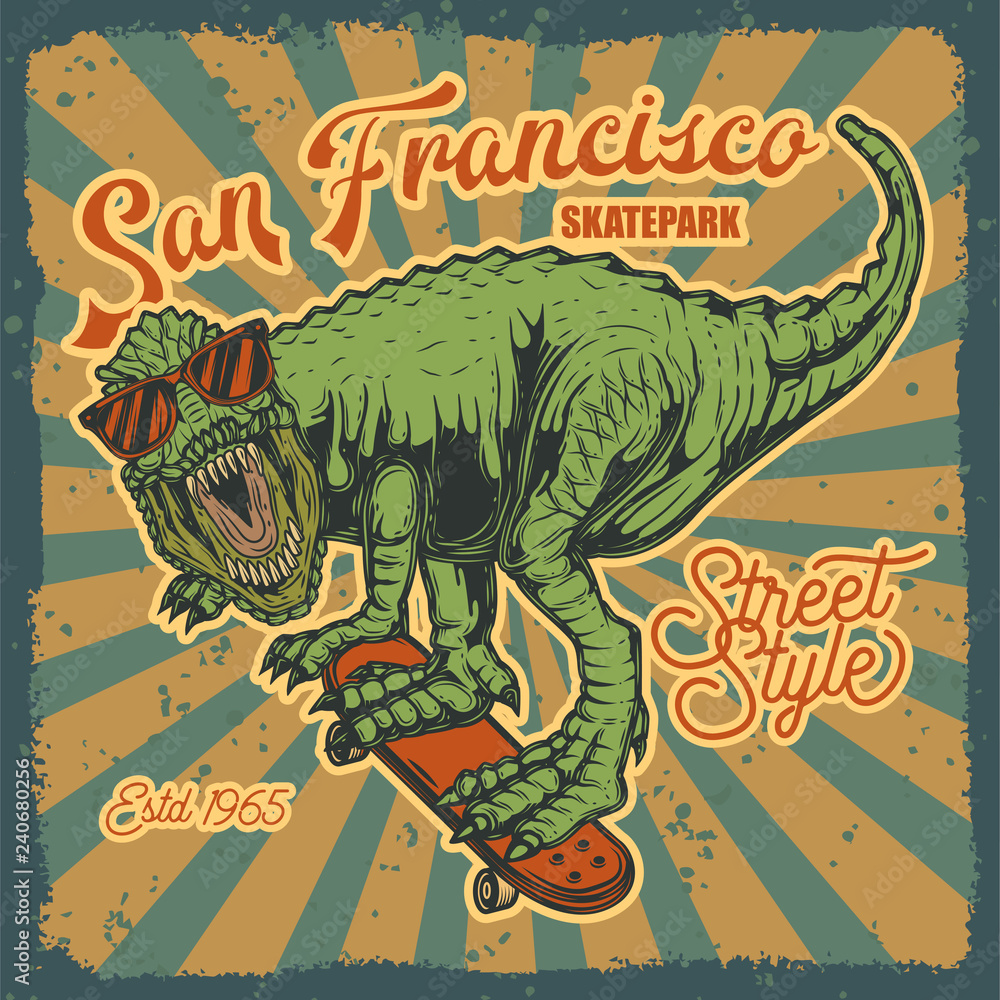 Original vector illustration of a dinosaur on a skateboard. Print for t-shirts or stylish stickers.