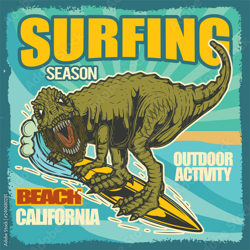 Original vector illustration of a dinosaur on surfing. Print for t-shirts, or stylish stickers.
