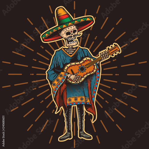 Mexican with a guitar in his hands. Vector illustration.