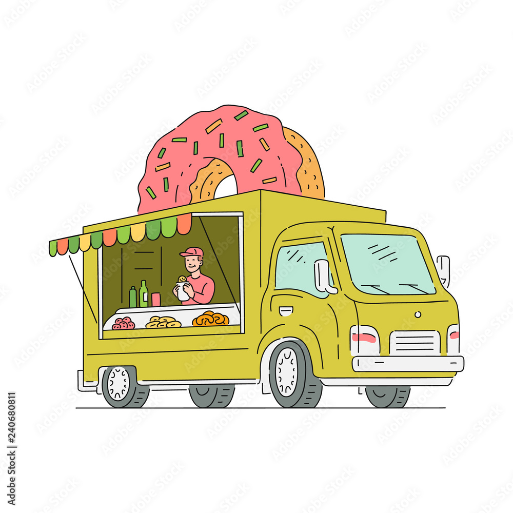 Vector sketch candy van in vintage style with big doughnut. 90s