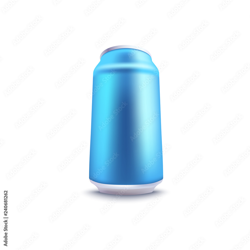 Vector aluminium can blue mockup for beer, juice or soda fresh drink packaging design. Soft or alcohol drink metal container on isolated background. Refreshing beverage in metal tin. Vector aluminium can blue mockup for beer, juice or soda fresh drink packaging design. Soft or alcohol drink metal container on isolated background. Refreshing beverage in metal tin.