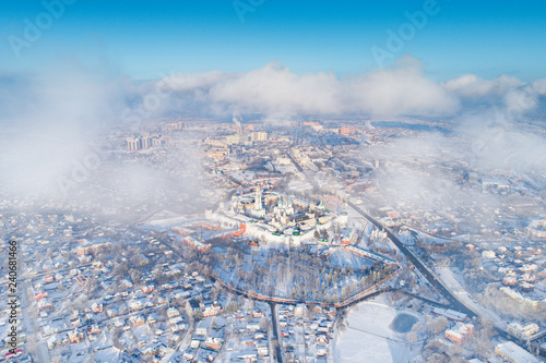 Panoramic aerial drone view on Sergiev Posad, Russia - Trinity St. Sergy Monastery in the center, winter fairy tale photo