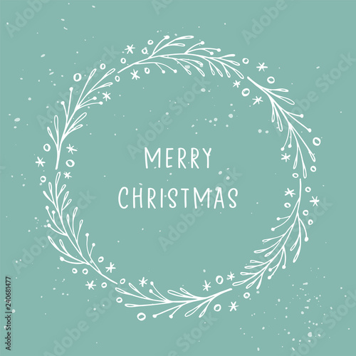 Hand drawn wreath. Winter floral round frame, Christmas card design