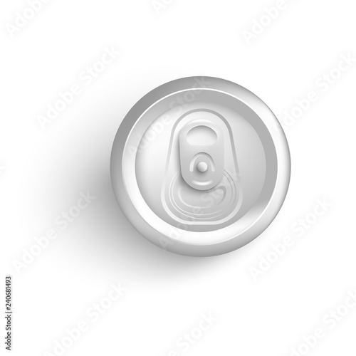 Top view of white aluminum can mockup for soda or beer in realistic 3d style -isolated vector illustration of metallic pack for alcohol or fizzy drink branding and promotion.