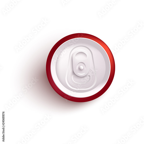 Top view of red aluminum can mockup for alcohol or fizzy drink in realistic 3d style isolated on white background - vector illustration of tin for soda or beer branding and promotion.