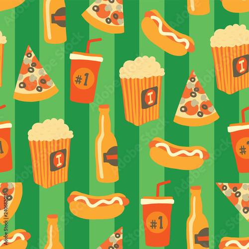 Fast food seamless vector pattern. Snack food and drinks Background with hand draw pizza, hot dog, popcorn, beer, cup. Doodle snack items. Use for menu, flyer, decor, summer, football or soccer party.