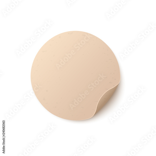 Round blank light brown paper sticker with folded edge in realistic style isolated on white background. Vector illustration of mock up circle adhesive curled label or note paper.