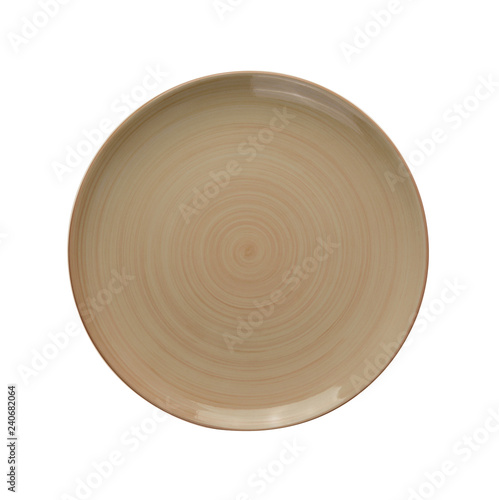 top view empty brown ceramic plates isolated on white background