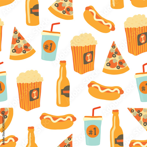 Fast food seamless vector pattern. Snack food and drinks Background with hand draw pizza, hot dog, popcorn, beer, cup. Doodle snack items. Use for menu, flyer, decor, summer, football or soccer party.