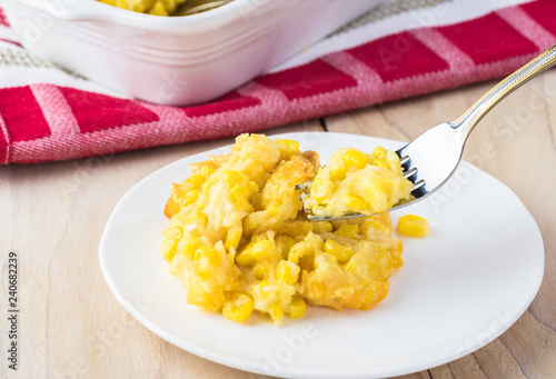 Homemade fresh baked creamy cheese corn casserole.