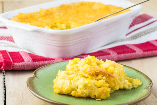 Homemade fresh baked creamy cheese corn casserole.