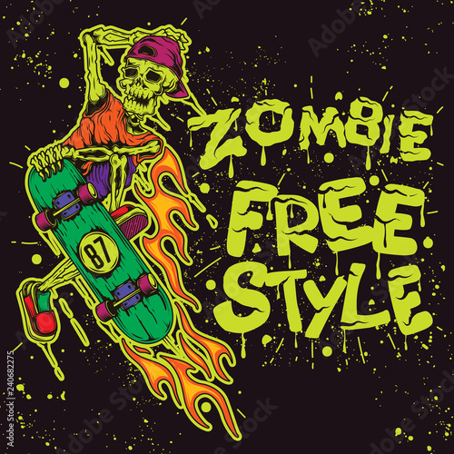 Vector image. Skeleton on a skateboard on a dark background, with a bright inscription