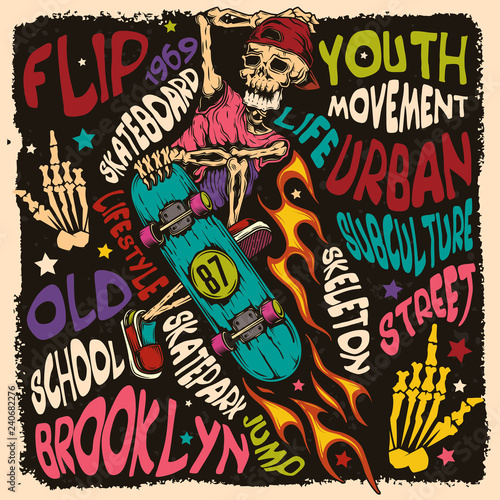 Vector skeleton on a skateboard in vintage style. Image for t-shirt or sticker