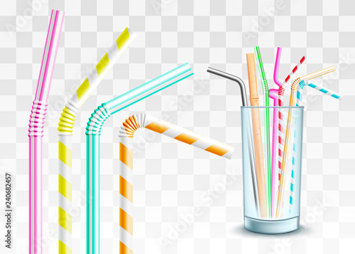Vector plastic straw in glass cup set. Colorful twisted flexible straws for party cocktails. Colored pipes for alcohol or soft drinks. Transparent background illustration