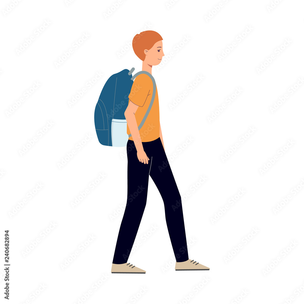 Young man hiker in summer clothing walking with route map big backpack. Happy male character, traveller, tourist going to vacation. Vector illustration