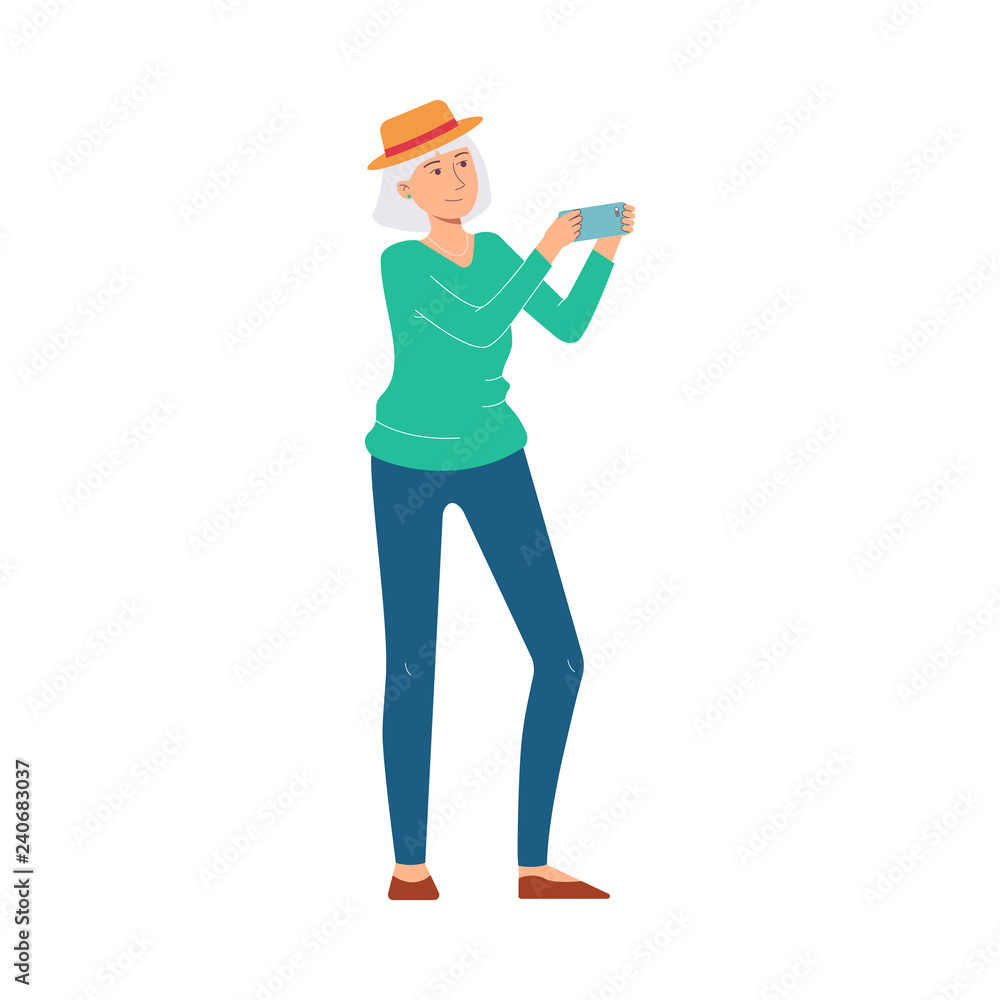 Elderly woman in hat making selfie by her smartphone on vacation. Happy old female character, traveller, tourist going to vacation. Vector illustration