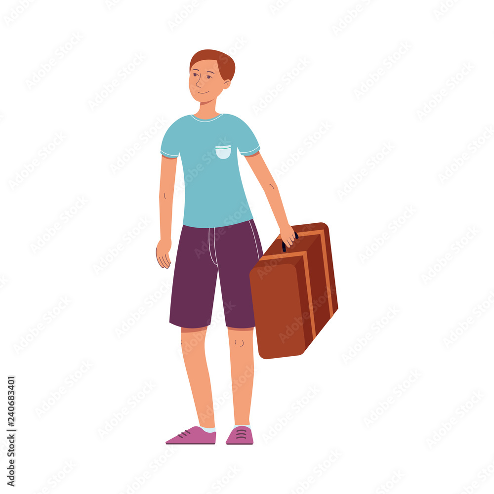 Young man in summer clothing holding brown vintage travel suitcase, plastic bag smiling. Happy male character, traveller, tourist going to vacation. Vector illustration