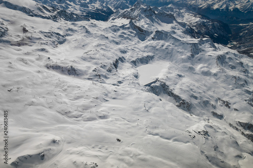 Aerial view of landscape in the ski region of Breuil-Cervinia, Italy.