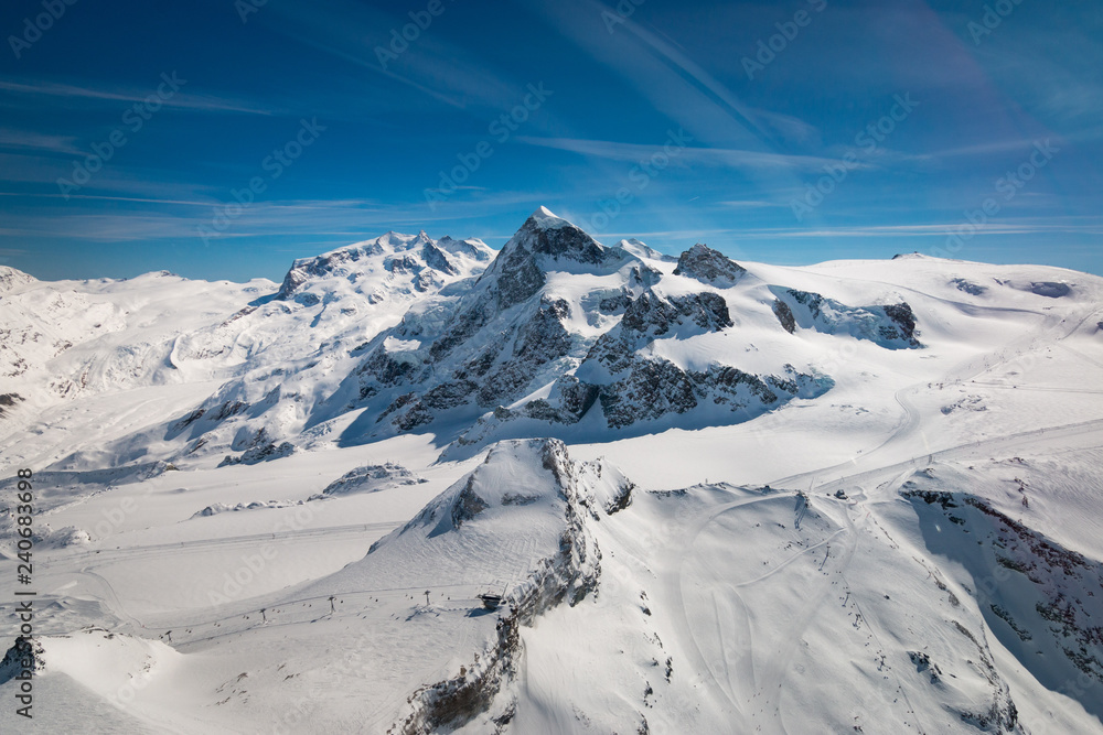 Aerial view of landscape in the ski region of Zermatt and Breuil-Cervinia.