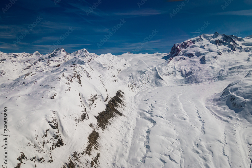 Aerial view of Gorner glacier (Gornergletscher) and Monte Rosa mountain
