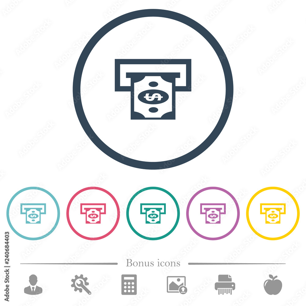 Dollar bank ATM flat color icons in round outlines Dollar bank ATM flat color icons in round outlines