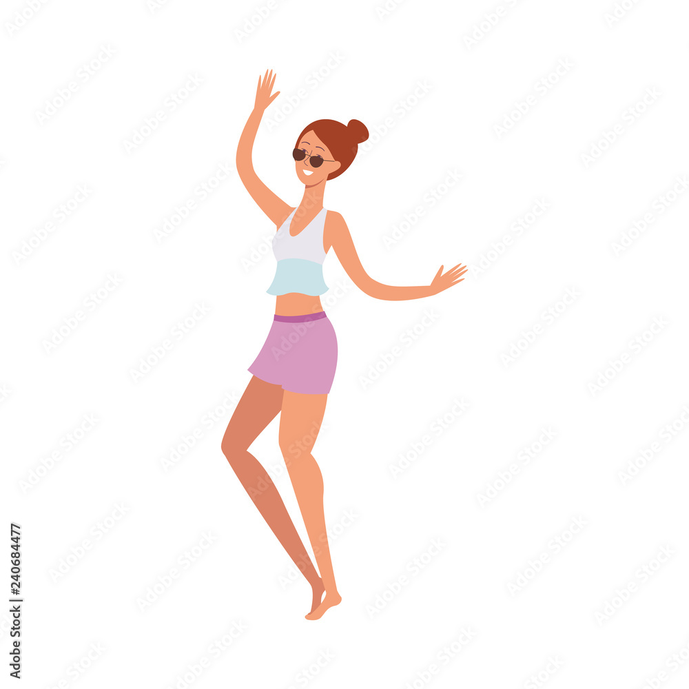 vector cartoon cute brunette, beautiful young adult woman, girl dancing at beach party in summer shorts, sunglasses on vacation. Isolated illustration