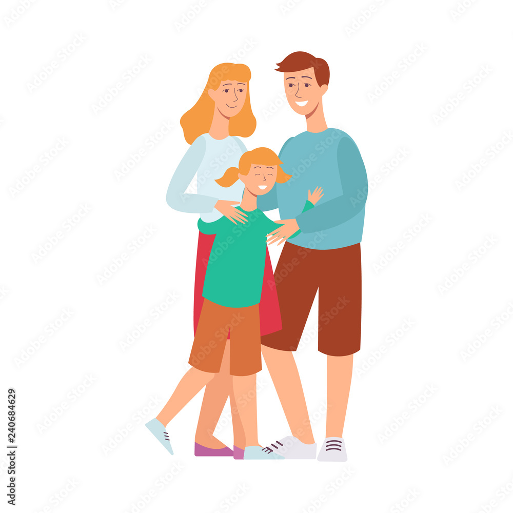Vector flat family hugging. Adult couple mother and father hug blonde girl daughter kid. Happy male, female characters smiling. Isolated illustration