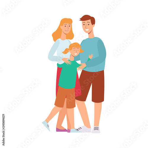 Vector flat family hugging. Adult couple mother and father hug blonde girl daughter kid. Happy male, female characters smiling. Isolated illustration