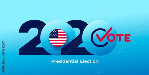 2020 United States of America presidential election logo. Text design pattern. Vector illustration. Isolated on blue background.