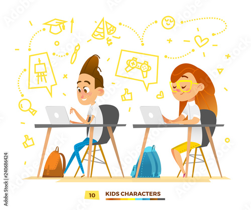 Boy and girl characters studying in a classroom