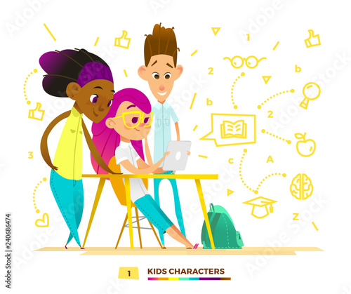 Classmates characterts look to the tablet.