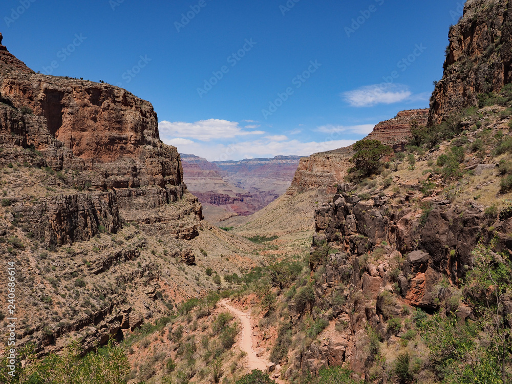 View from the Bright Angel Trail descending toward Indian Garden Gampground in Grand Canyon National Park, Arizona.